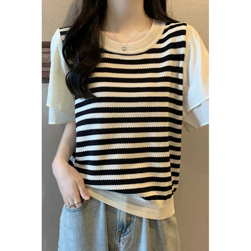 大码女装条纹短袖夏季2025年时尚新款胖mm遮肚显瘦雪纺T恤上衣女