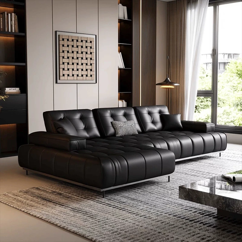 梦缔菲黑金刚高靠真皮沙发意式牛皮直排全牛皮沙发家用高脚沙发