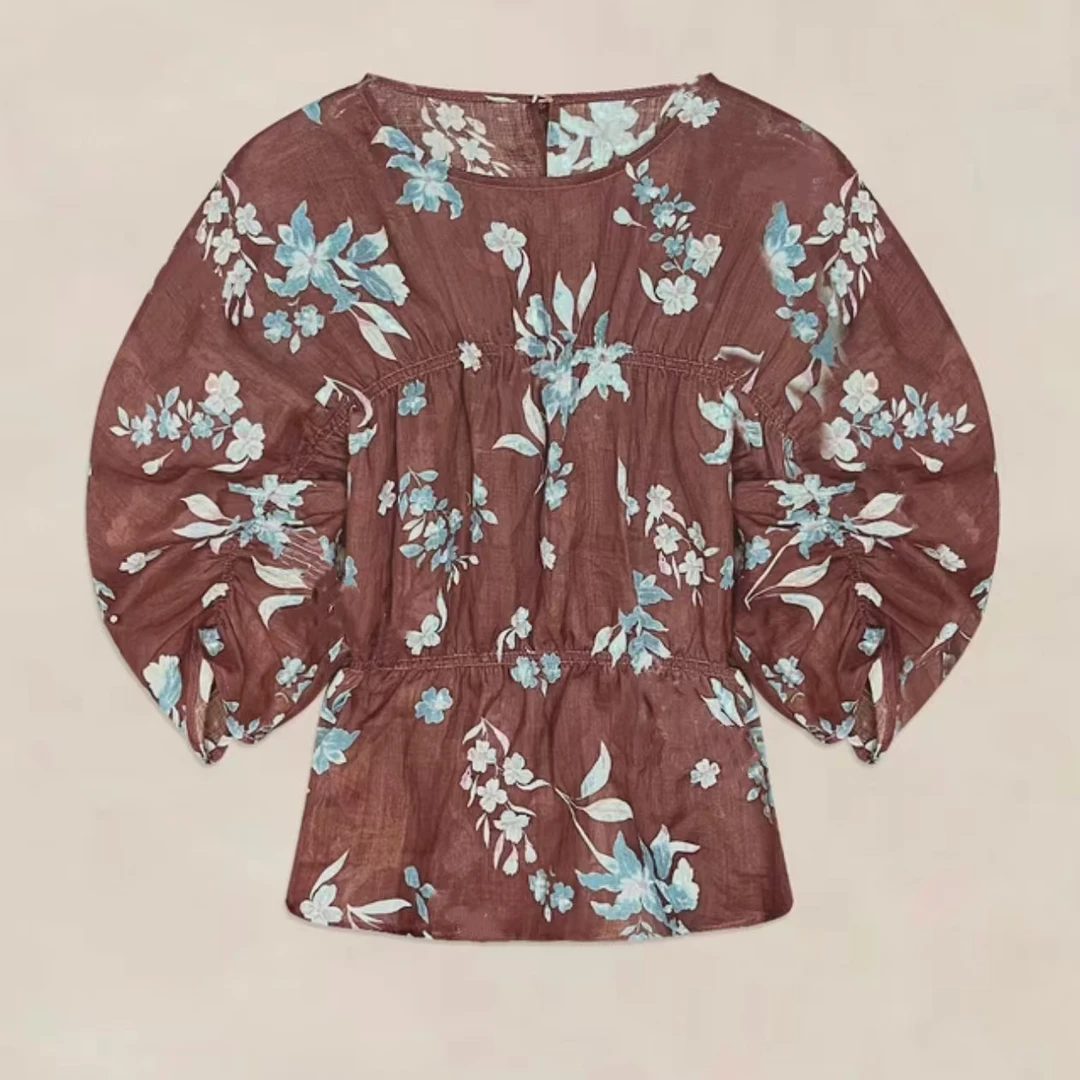 2025夏款苎麻蓝花印花轻奢T恤短款洋气