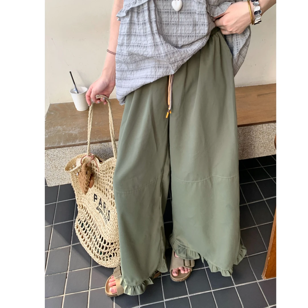 慵懒风纯色抽绳木耳边百搭休闲裤女装高腰阔腿裤A1085