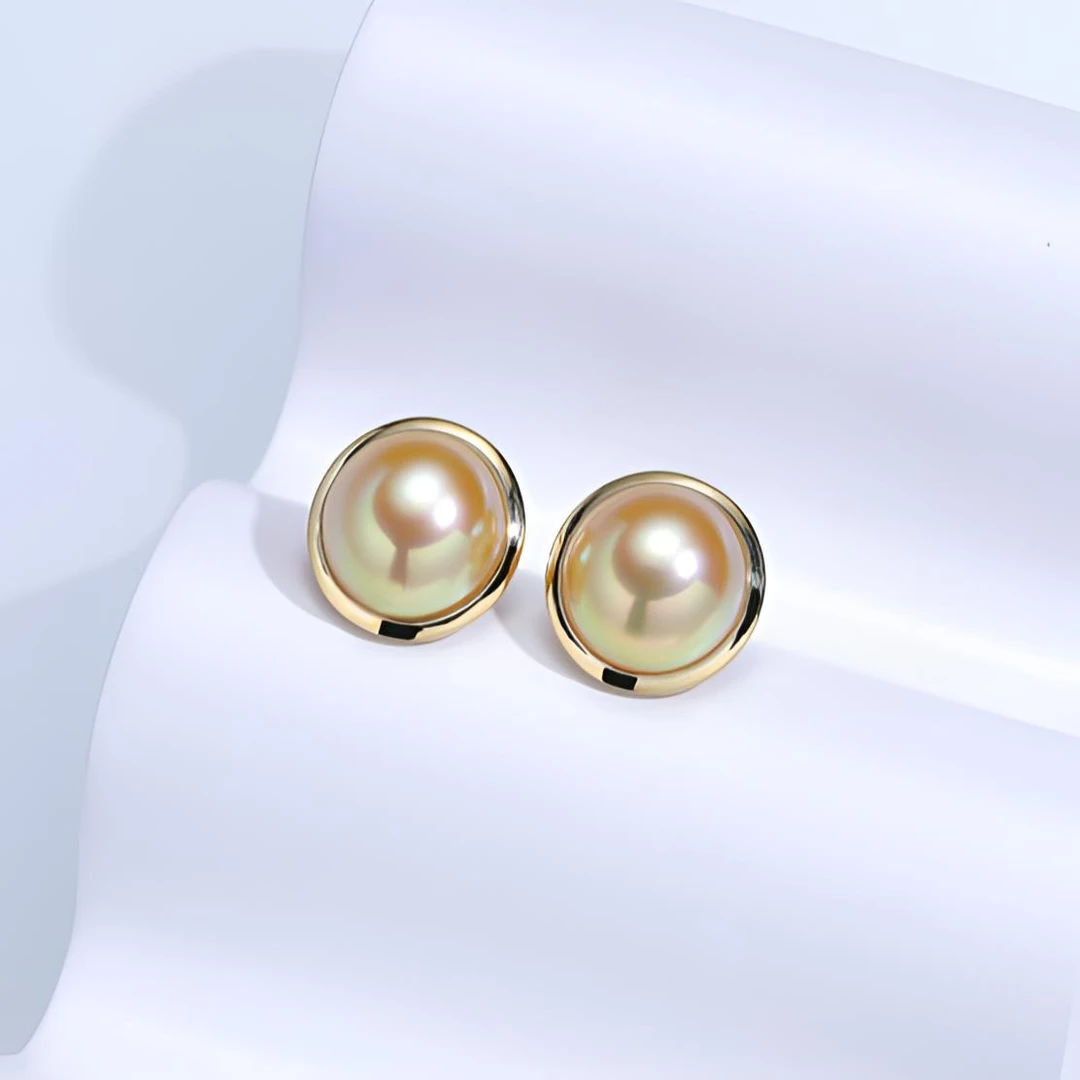 【罗伊伊高定】海水南洋金珠马贝耳钉  18K金镶嵌  包边15-16mm