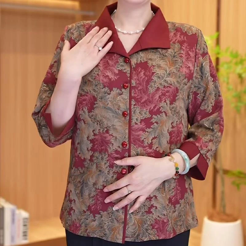 中老年人夏季翻领国风七分袖衬衫妈妈装印花单层薄款外套奶奶上衣