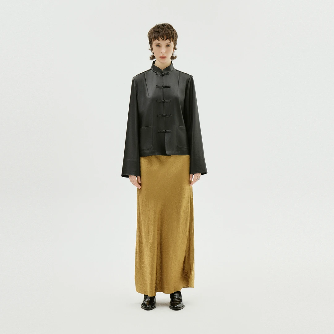 AP洛哥42034QB【光蔚】 缎面光感斜裁褶皱肌理感松紧腰半裙