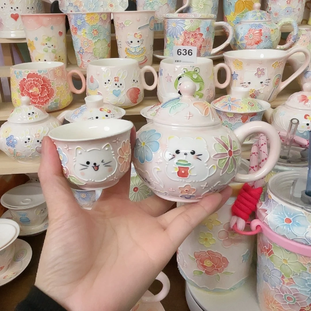 瓷片玉泥茶壶套装猫咪