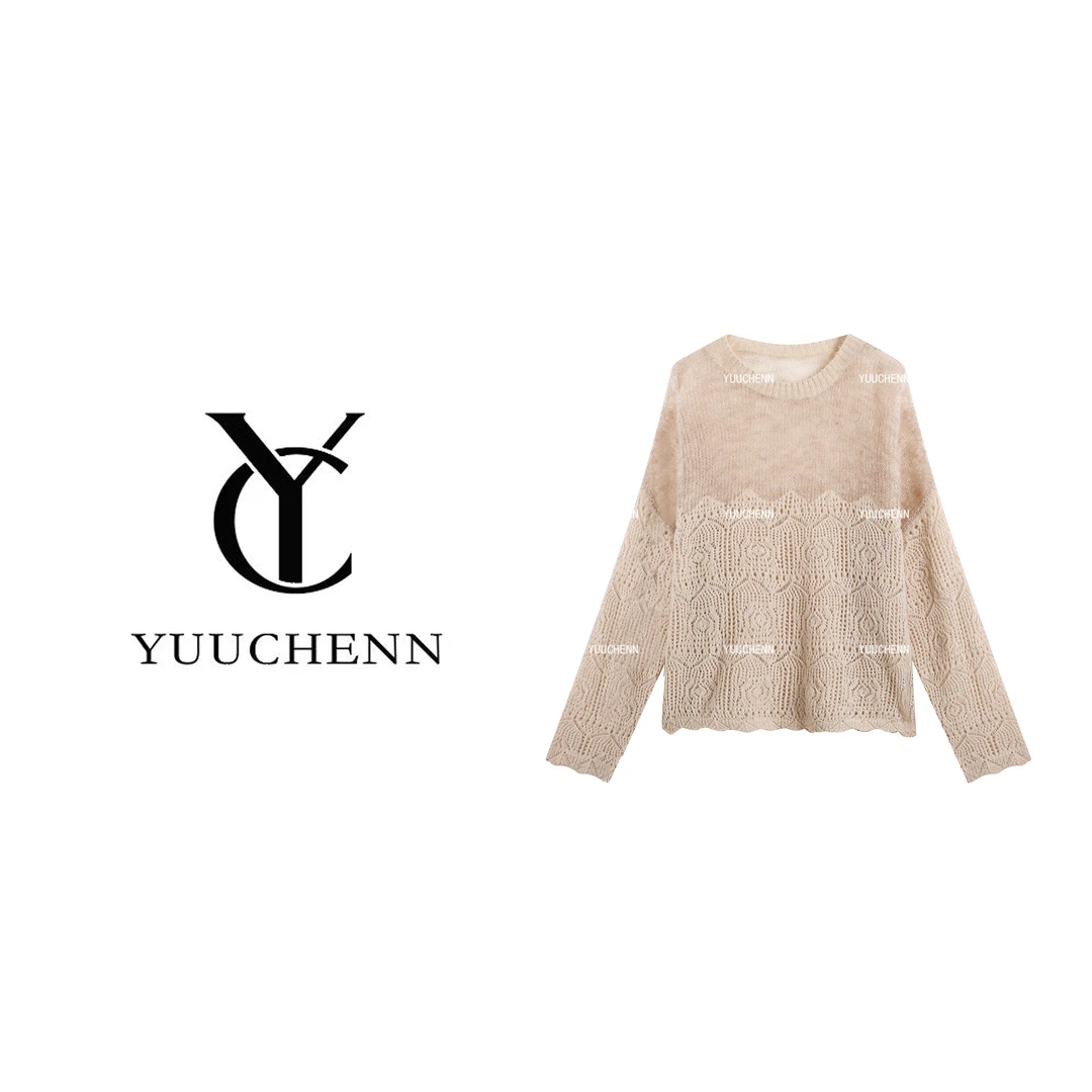 YUUCHENN 慵懒风毛针织衫女衫秋冬拼接圆领镂空上衣JYY-5102