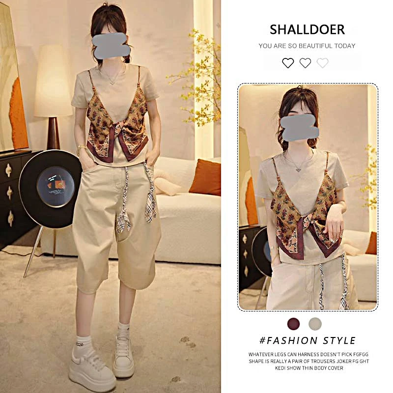 韩版洋气设计感T恤配休闲七分裤两件套女2025年夏季新款时尚套装