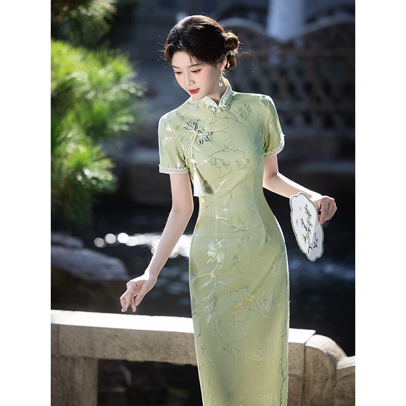 锦澄【绿意】旗袍高端气质少女新中式2025新款提花连衣裙年轻款120