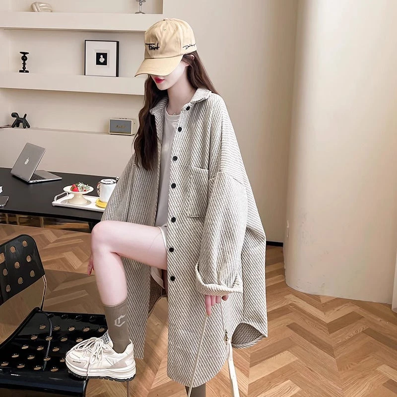 中长款宽松慵懒风加厚衬衫外套女秋冬新款韩系设计感洋气气质上衣