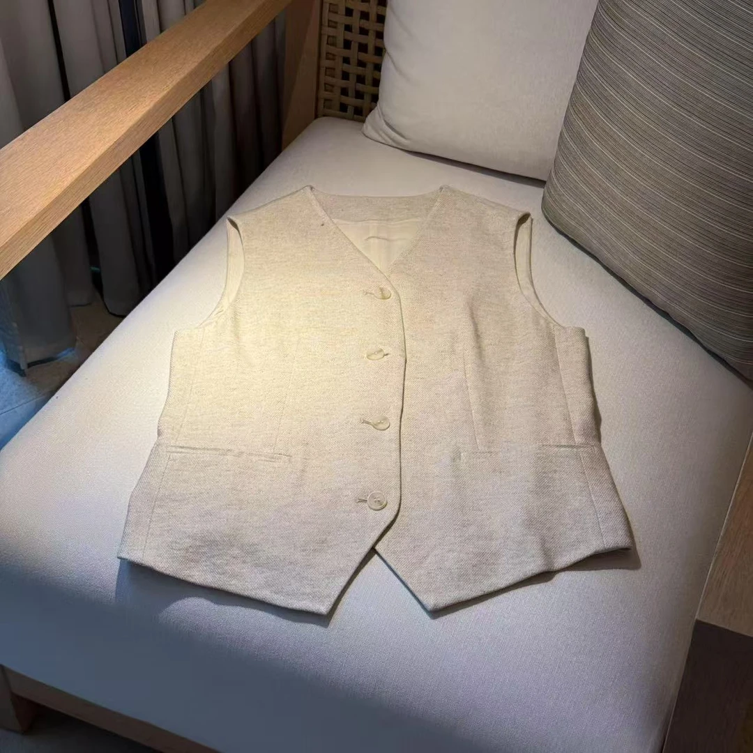 MYL 2025夏季新品亚麻混纺原麻色马甲V领无袖休闲宽松时尚马夹
