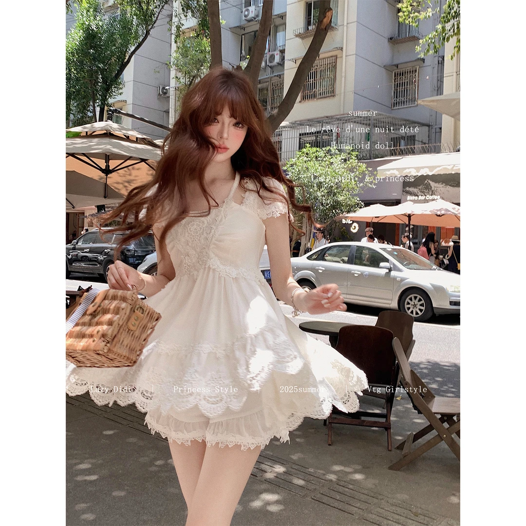 Lazy Didi绣棉盛夏 水溶立体蕾丝娃娃裙短裤露肩挂脖吊带连衣裙
