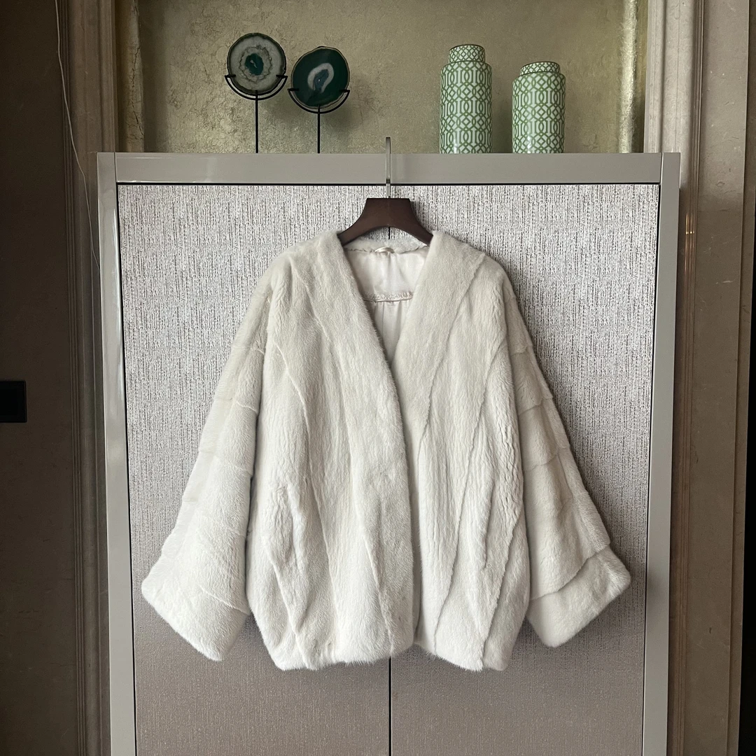 ChanChanWang水貂皮草外套纯色V领时尚气质长袖