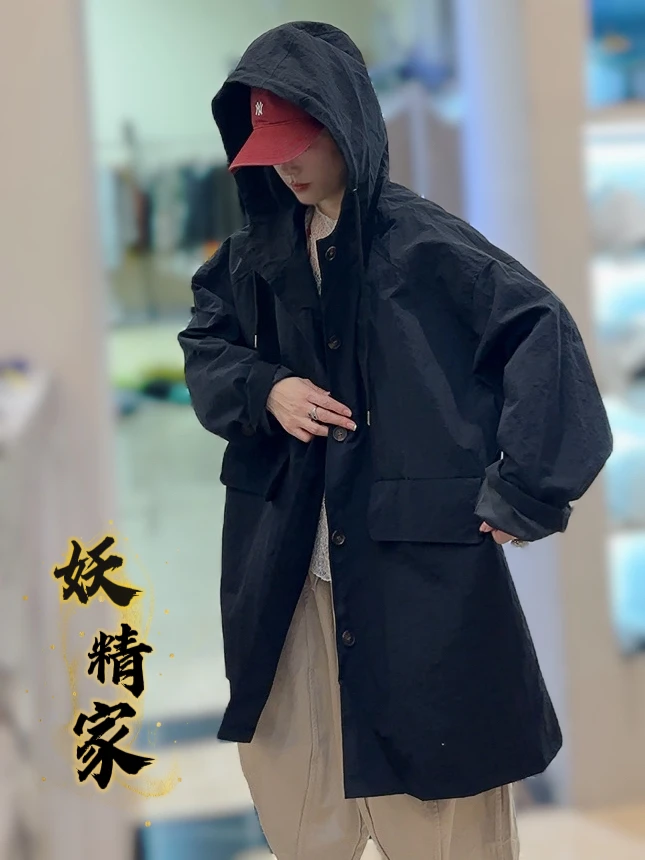 6201【妖精家】新款韩版宽松休闲慵懒风长款连帽风衣外套