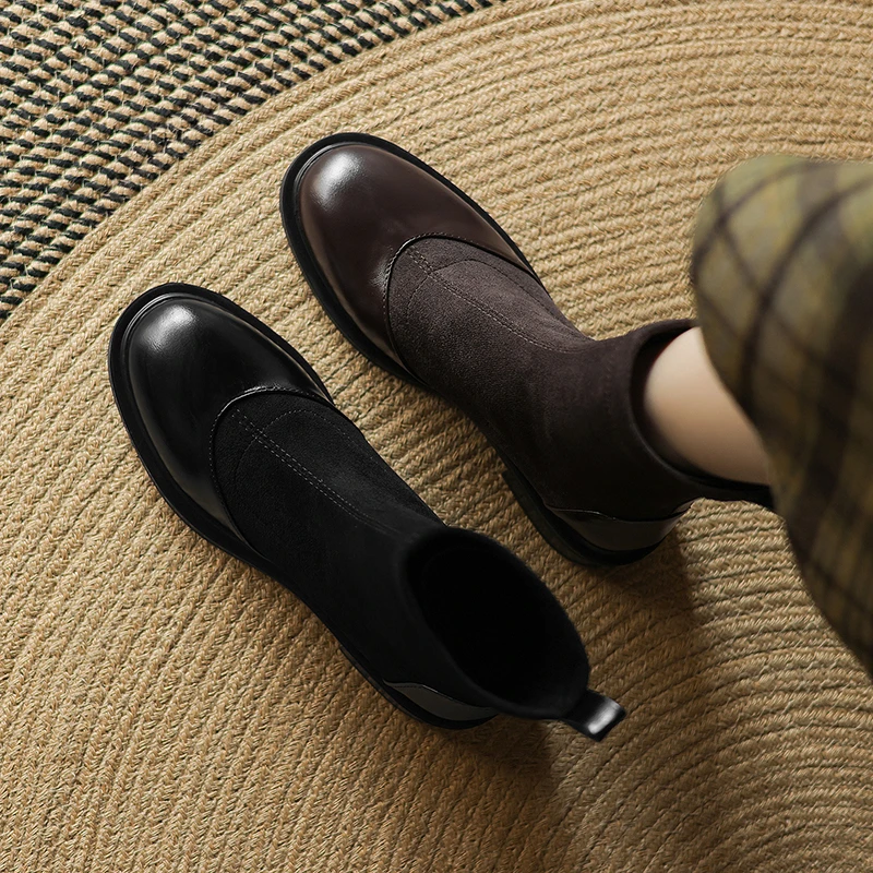 2025年新款时尚百搭爆款显瘦短靴女圆头黑色弹力靴41-43大码