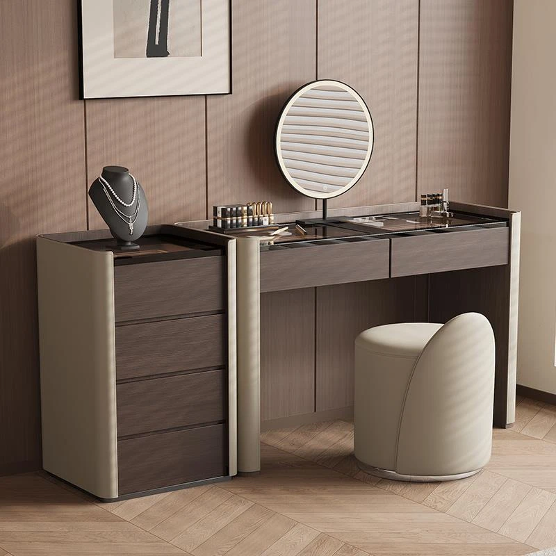 意式化妆台室现代设计师斗柜一体实木化妆桌卧小户型感应灯化妆台