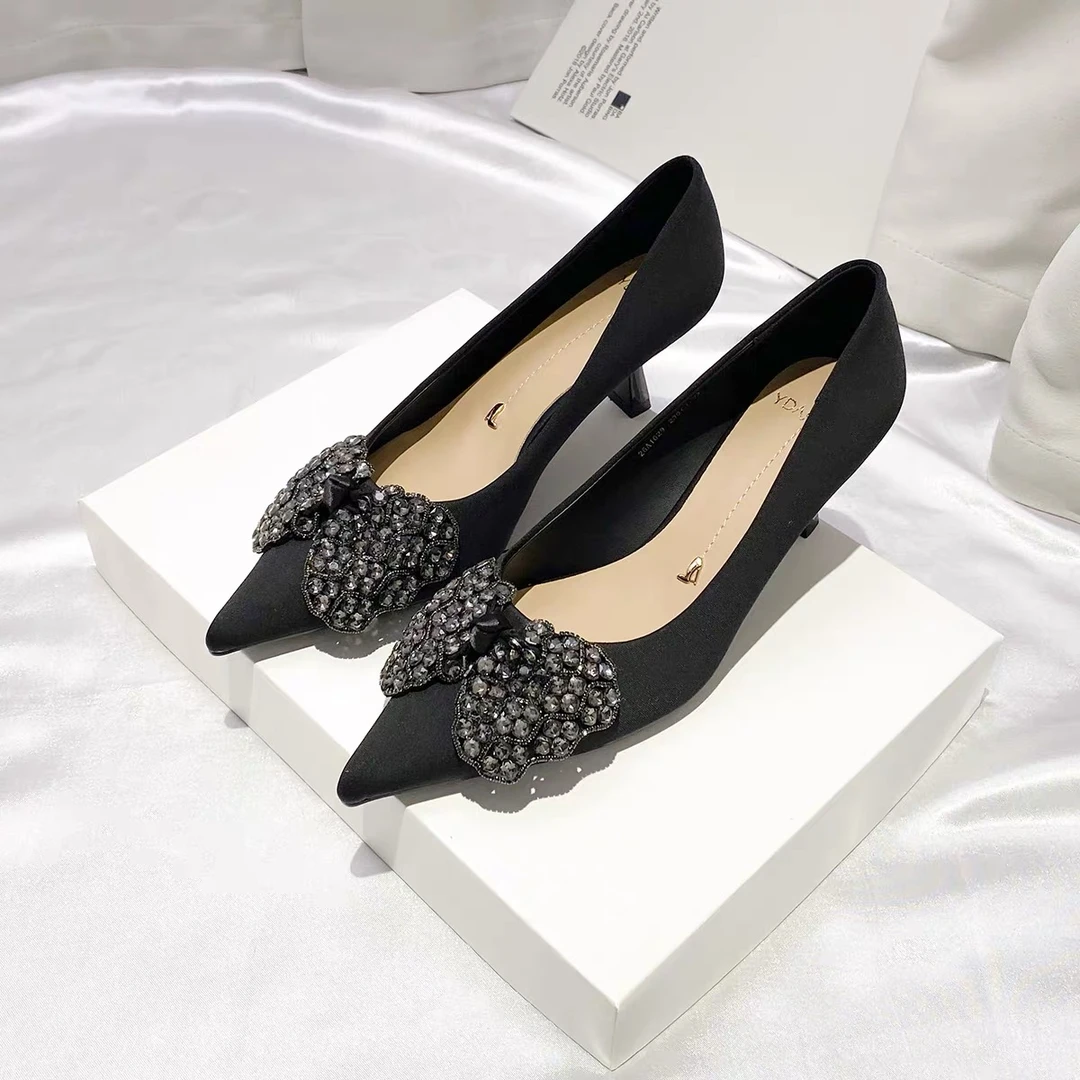 蝴蝶结水钻黑色高跟鞋女细跟2025新款春季配裙子性感尖头气质单鞋