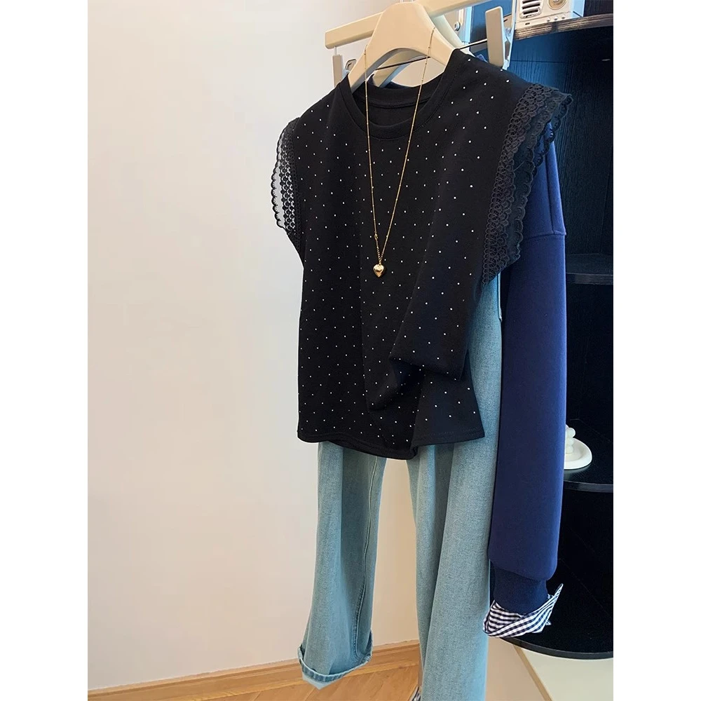 黑色波点小飞袖t恤女夏季穿搭韩系chic别致气质拼接蕾丝花边上衣