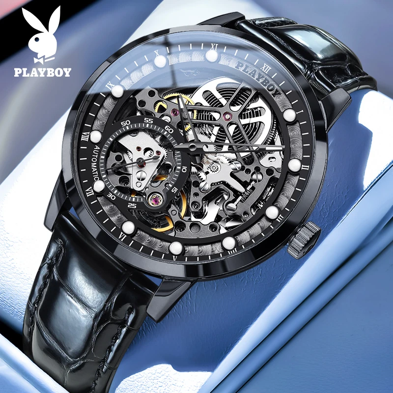 花花公子男士手表2025新款双面镂空全自动机械表防水腕表正品十大