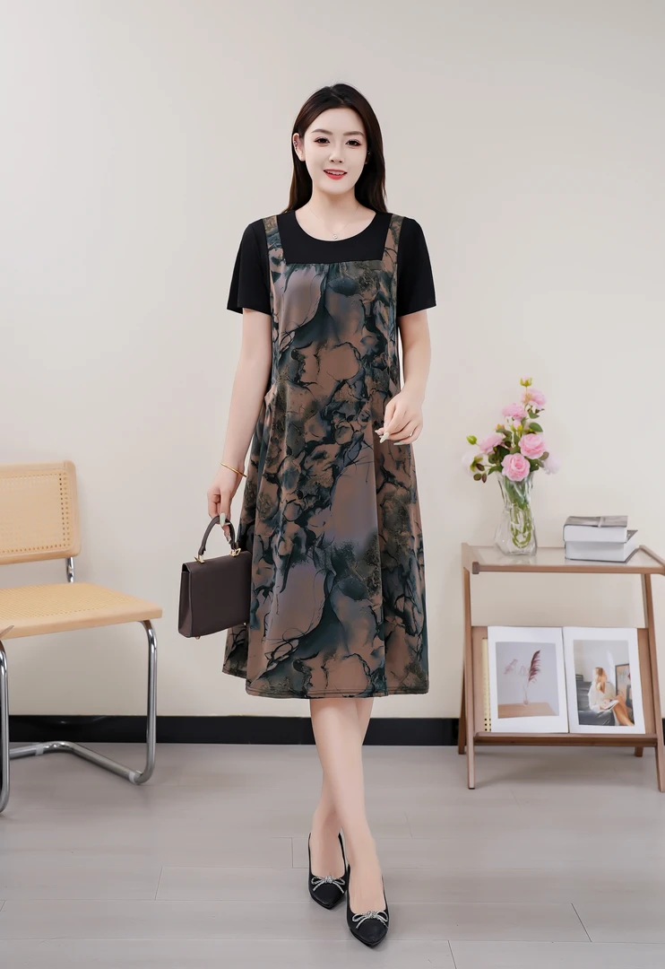 夏季洋气大码薄款时尚宽松印花假两件中老年遮肉显瘦妈妈连衣裙