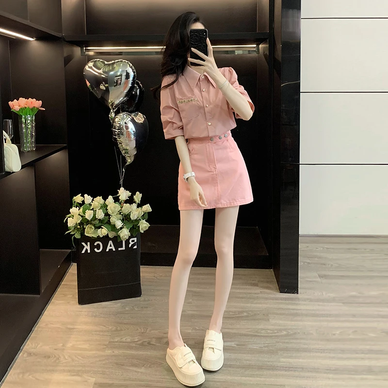 韩版小个子穿搭气质时尚夏季新款女装减龄衬衫短袖高腰短裙薄款潮