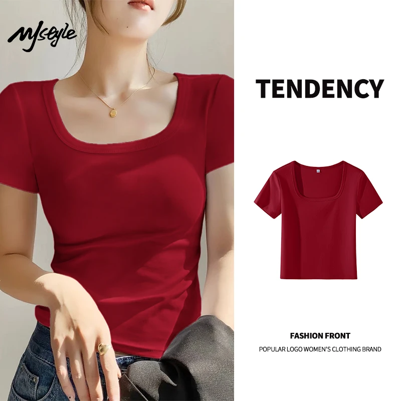 MJSTYLE简约方领正肩短袖t恤女夏季新款独特百搭短款chic港味上衣