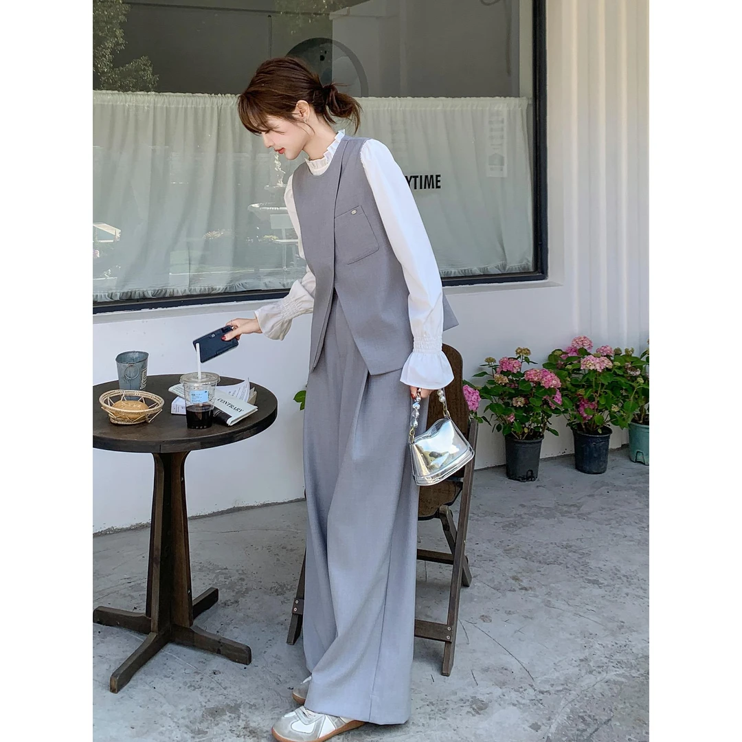 韩版大方得体三件套女2025秋新款时尚开叉马甲花边内搭阔腿裤套装