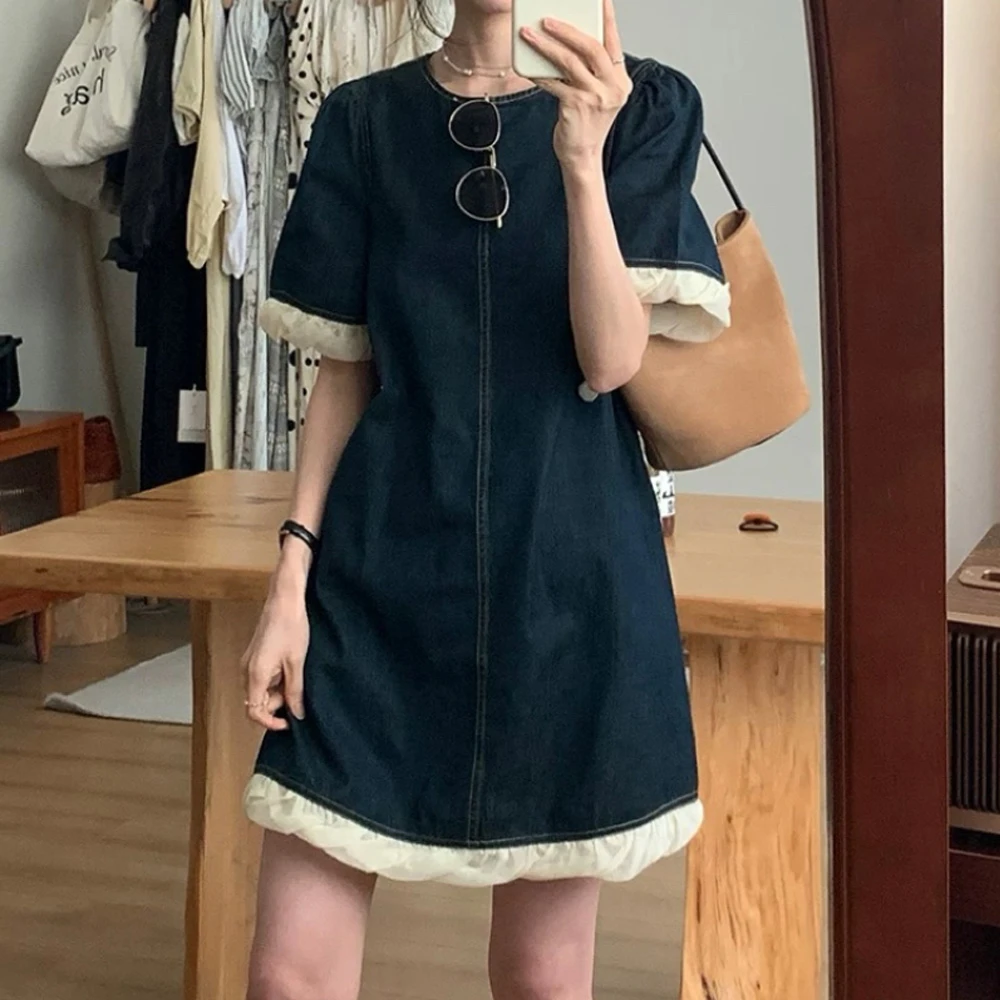韩系复古短袖牛仔连衣裙女装夏季2025新款小众设计感a字短裙子
