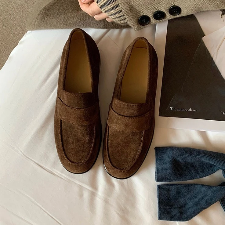 【万达撤柜】羊皮英伦风复古乐福鞋女真皮底懒人磨砂一蹬懒人配裙