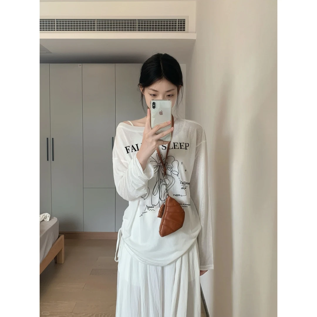 韩系长袖防晒罩衫极简慵懒风t恤女百搭印花春夏新款时尚气质上衣