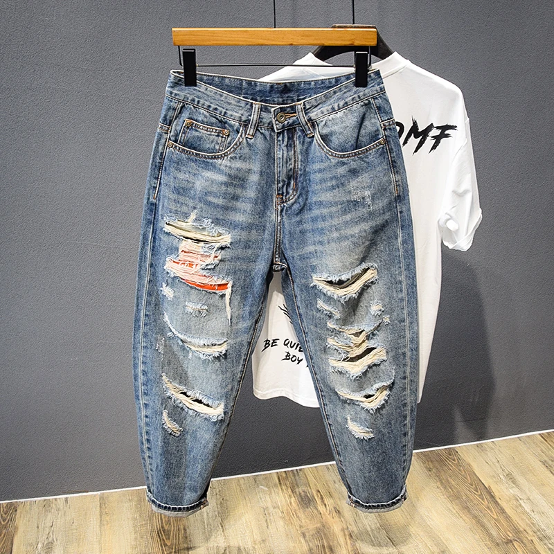 高级感潮牌乞丐破洞青少年宽松2025爆款透气不闷汗九分短腿萝卜裤