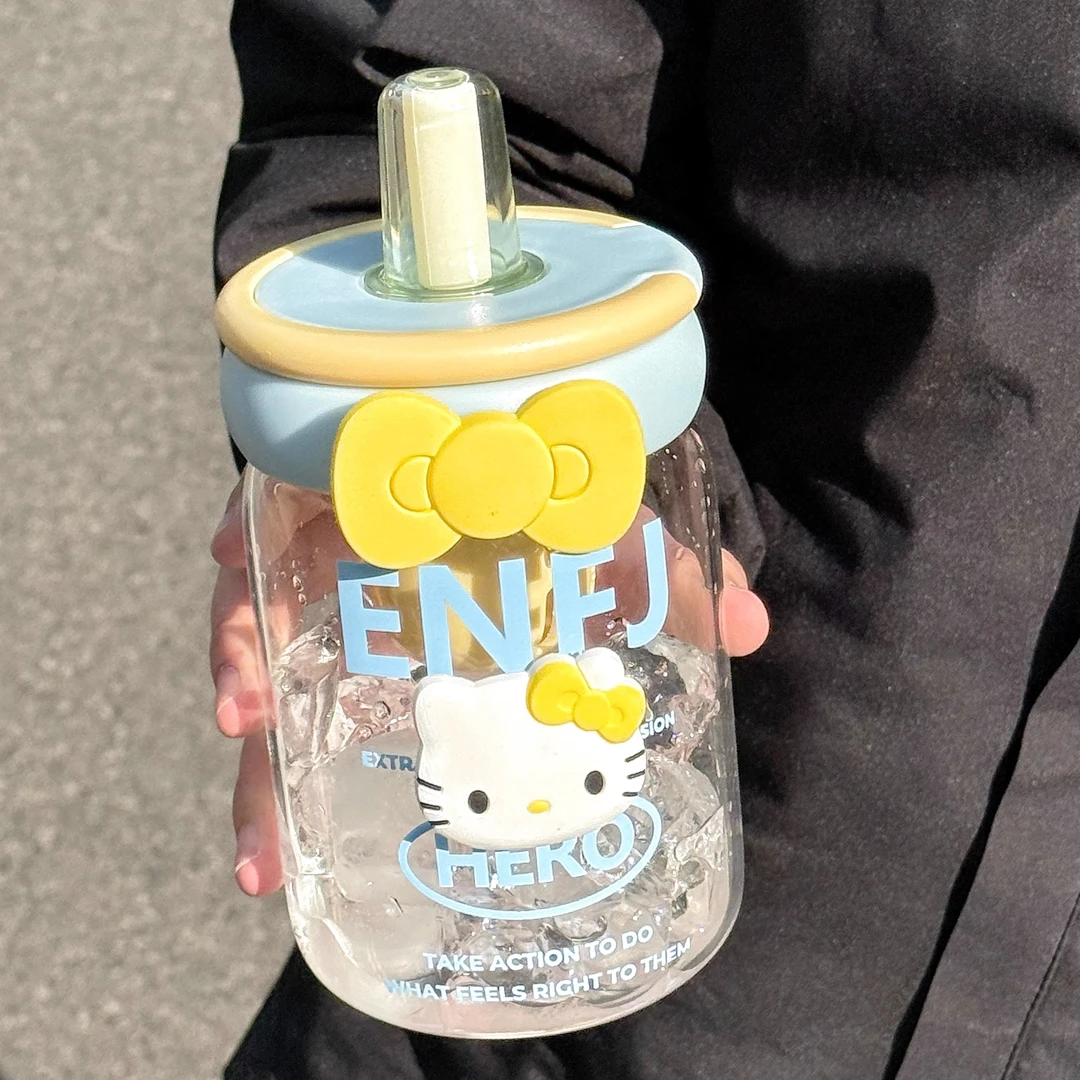 HelloKitty玻璃水杯带吸管女生高颜值办公室茶水分离泡茶杯耐高温