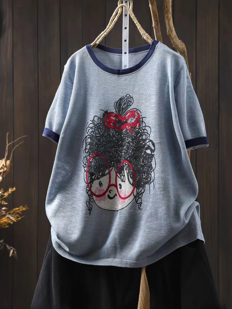 莱赛尔亚麻卡通女孩印花针织短袖t恤女夏薄宽松休闲正肩套头上衣