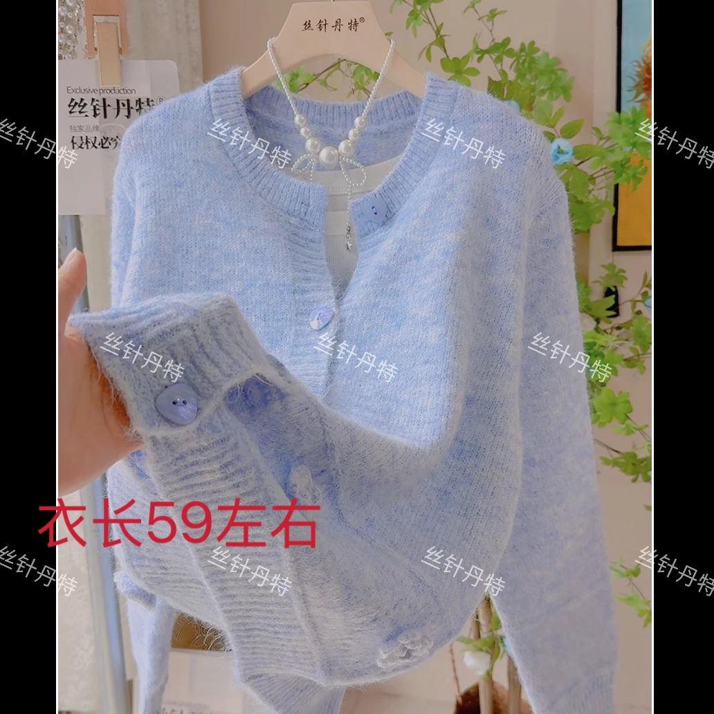 四-下摆花甜美慵懒风针织开衫毛衣外套女春秋新款宽松立体花朵