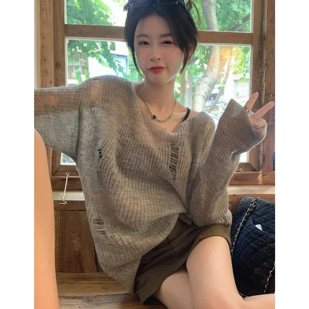 春季镂空针织防晒衫薄款外搭空调衫学院慵懒风法式打底小