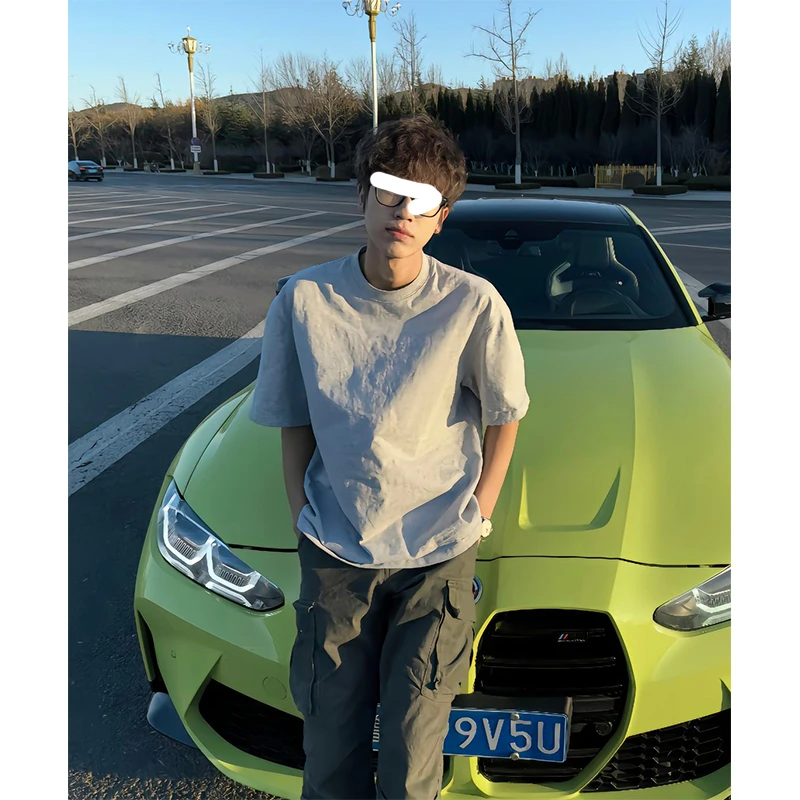 Pansk浅灰色短袖男款夏季美式重磅小领口正肩t恤三本针纯棉半袖