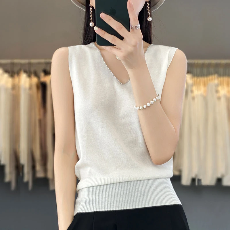 夏季爆款无袖打底针织衫气质显瘦时尚百搭外穿简约减龄背心V领