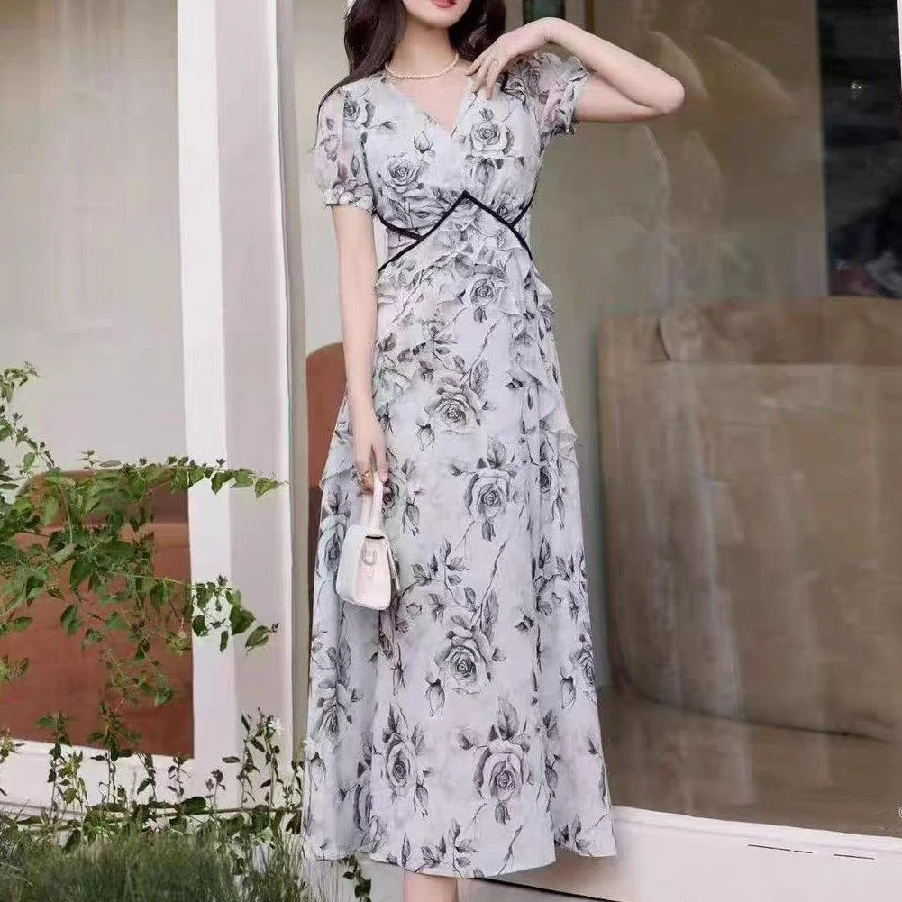 温柔静奢风甜美显瘦时尚通勤复古连衣裙A13341