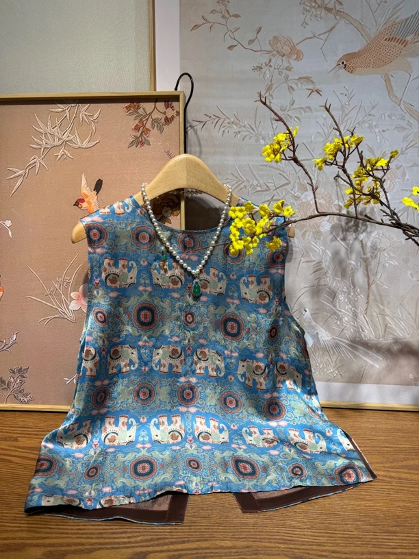 大象宝相花前后两穿提花香云纱民族风复古新中式上衣马甲短款B014