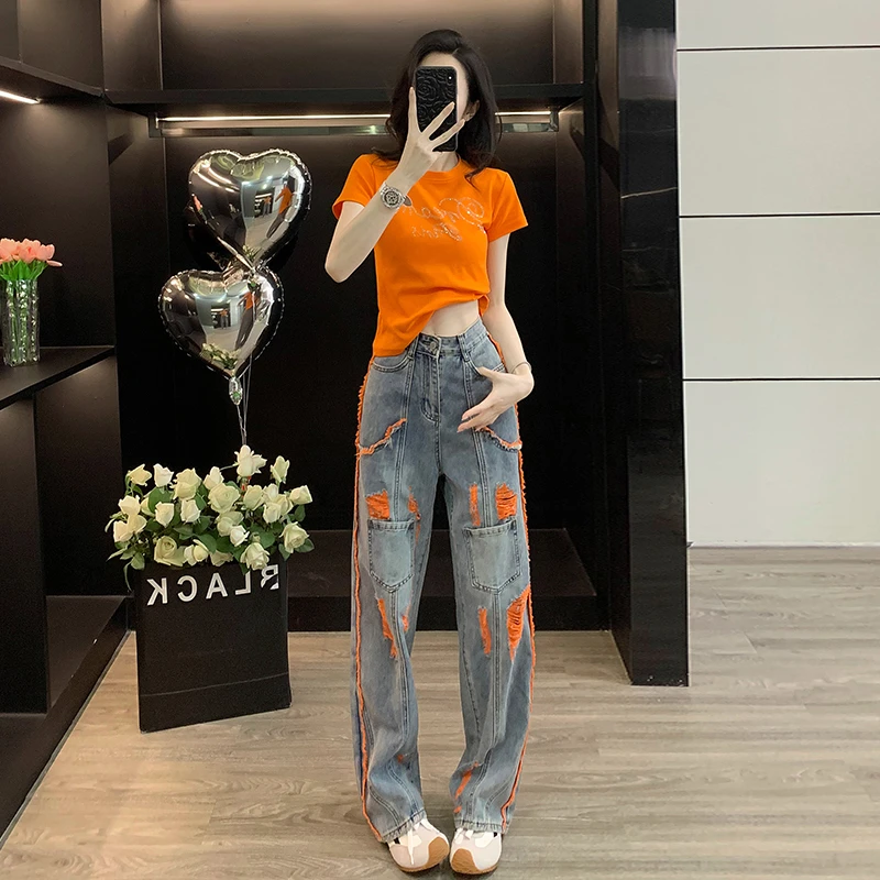 女装夏装套装2025新款爆款修身烫钻字母短袖T恤水洗毛边牛仔裤潮