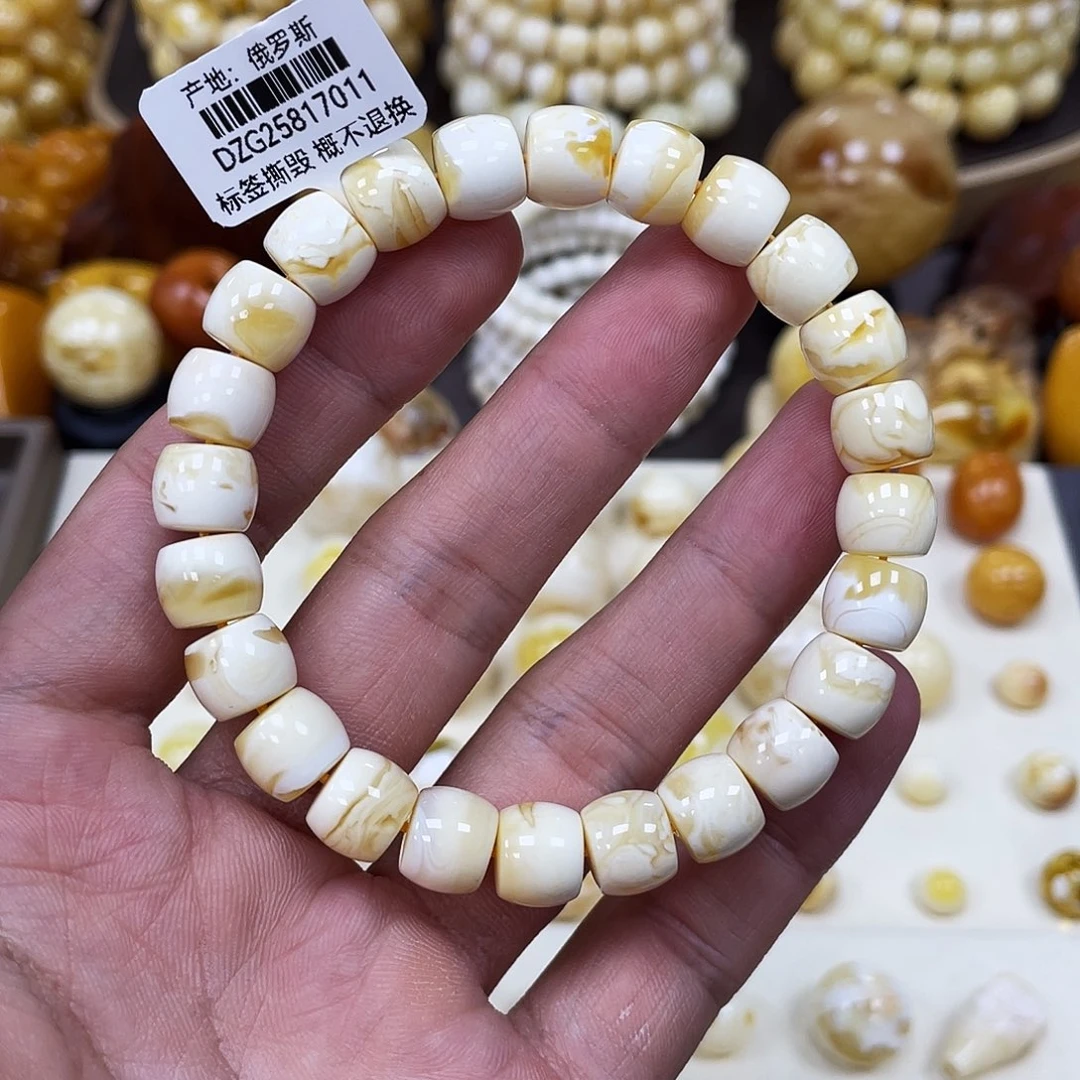 蜜蜡未镶嵌珠宝奇石10.0mm【石膏金瓷白】直切手串