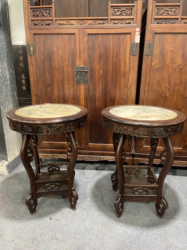 黑檀木镶嵌云石花几一对