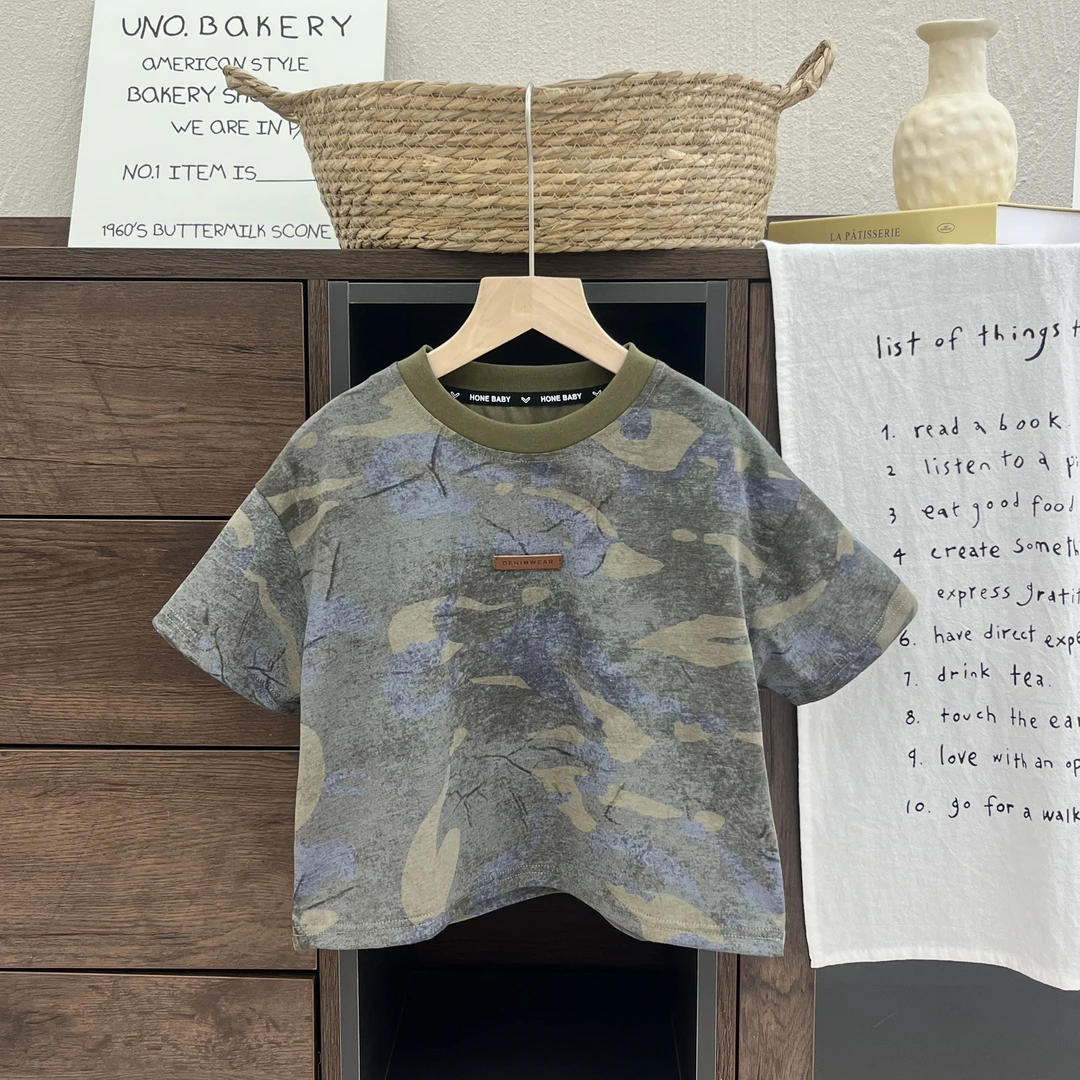 【小蛋壳】【现货】儿童夏季韩版时尚迷彩贴标短袖圆领男童宽松T恤潮