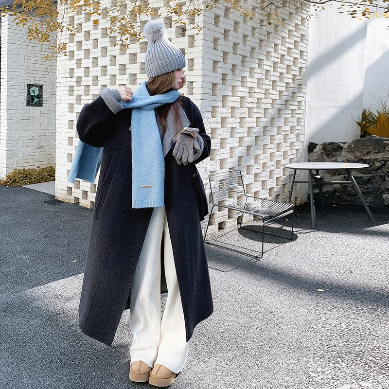 灰色双面羊毛大衣女2025秋冬新款高级感独特中长款气质羊毛呢外套