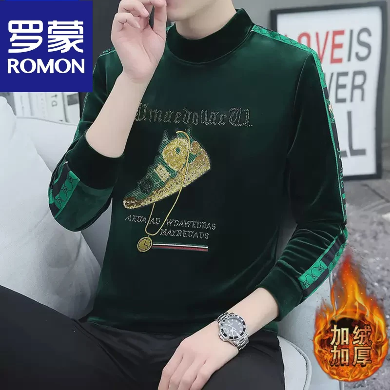 罗蒙半高领卫衣男秋冬季加绒加厚潮牌2025新款丝绒烫钻长袖T