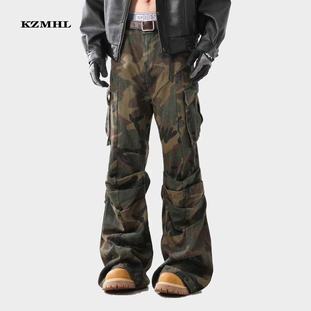 KZMHL 美式复古多口袋迷彩工装裤男设计感褶皱显瘦直筒微喇叭裤子