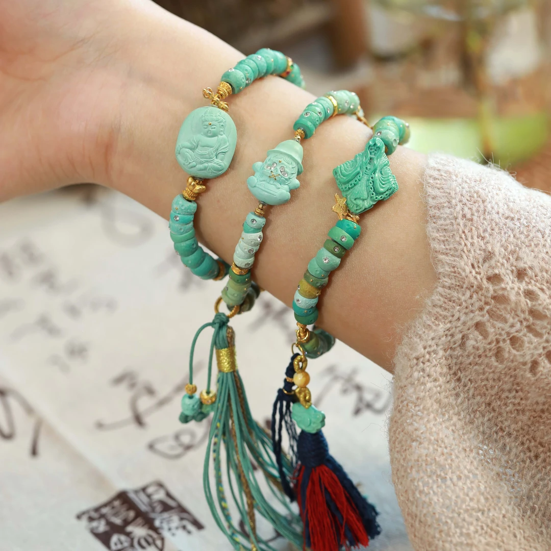 霖泽|绿松石阿呆大肠18K金手链复古国风时尚潮流LZ2025010704