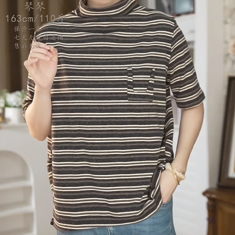 2025秋季新款女士短袖套头百搭T恤休闲半高领打底衫女6115