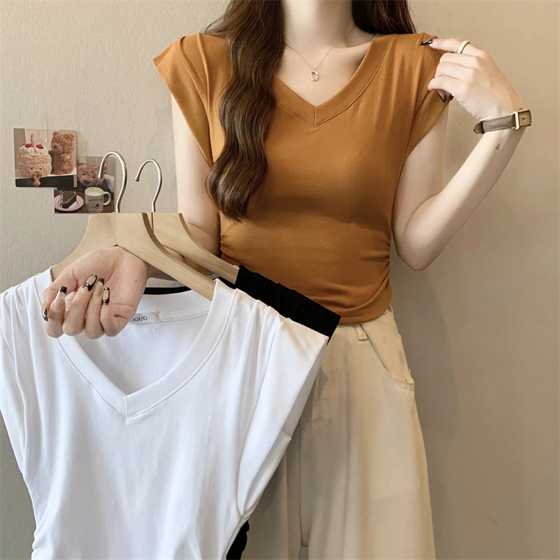 大码女装夏季2025新款百搭V领修身显瘦短袖T恤女别致小飞袖上衣