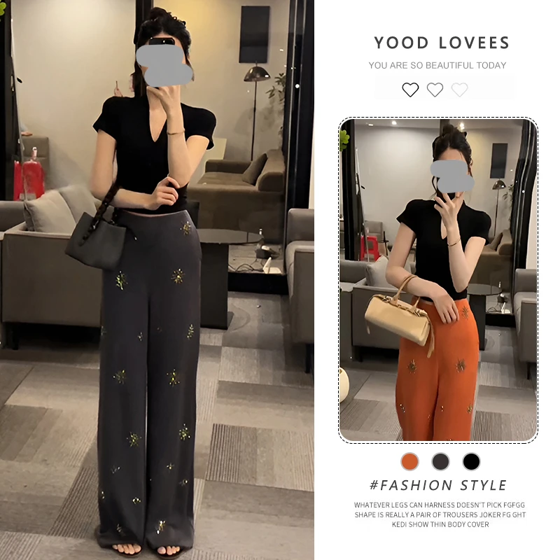 2026夏季新款复古慵懒风薄款V领T恤高腰烫钻阔腿休闲裤两件套女