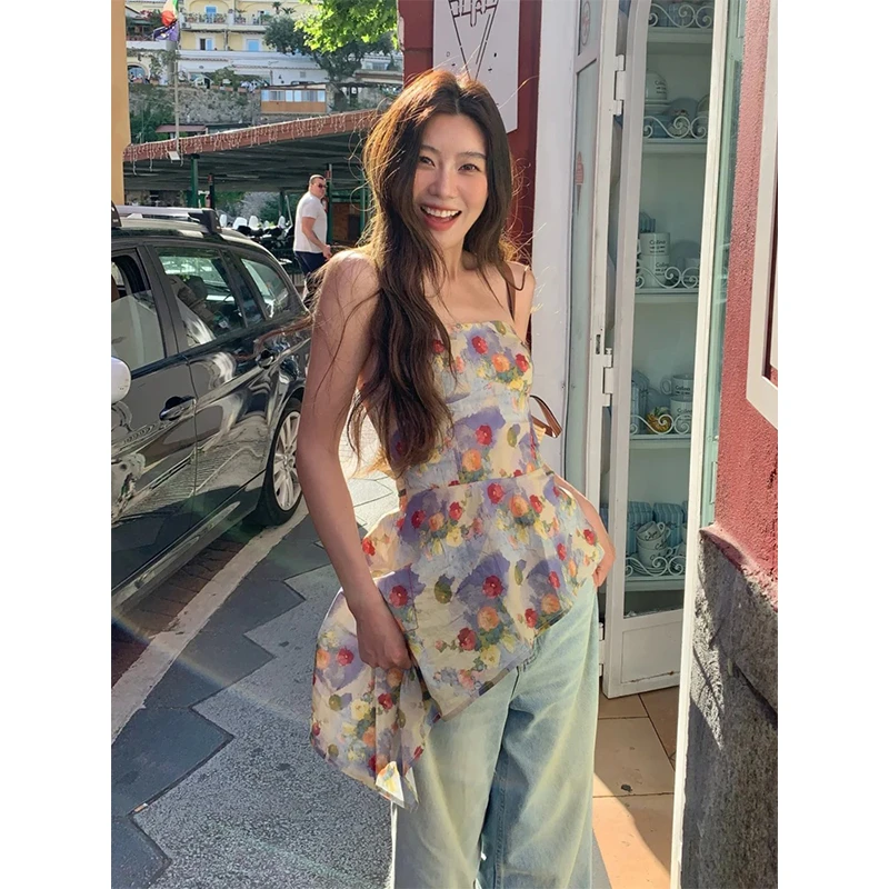 2025年新款春季不规则收腰花色抹胸吊带背心女小众设计感无袖上衣