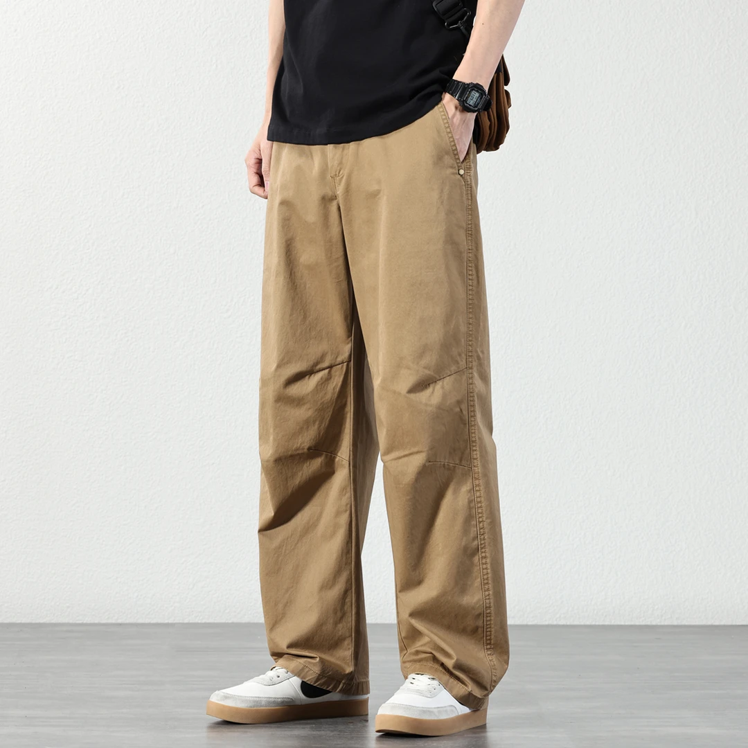 号志HAOZHI复古纯棉百搭休闲裤男士2025夏季宽松阔腿简约纯色长裤